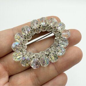 Vintage AURORA BOREALIS Crystal Beaded Cluster Oval Silver Tone Brooch Pin